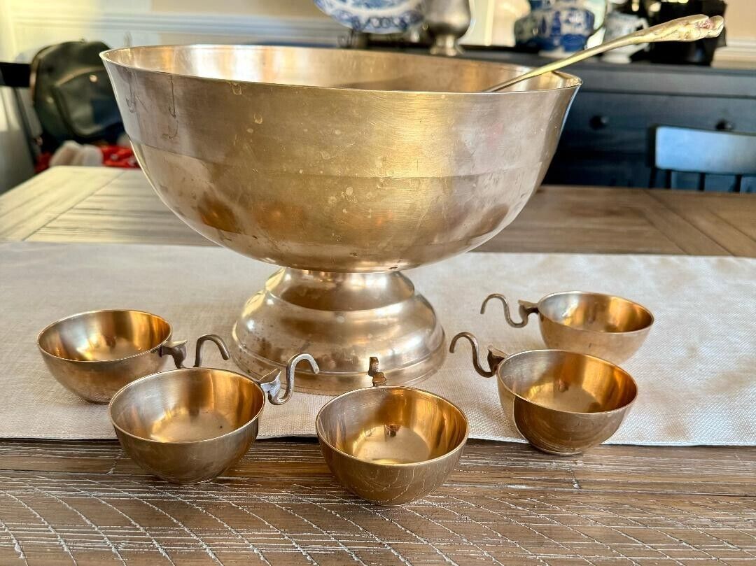 VTG Solid Brass Punch Bowl with 5 Cups and Ladle Set 