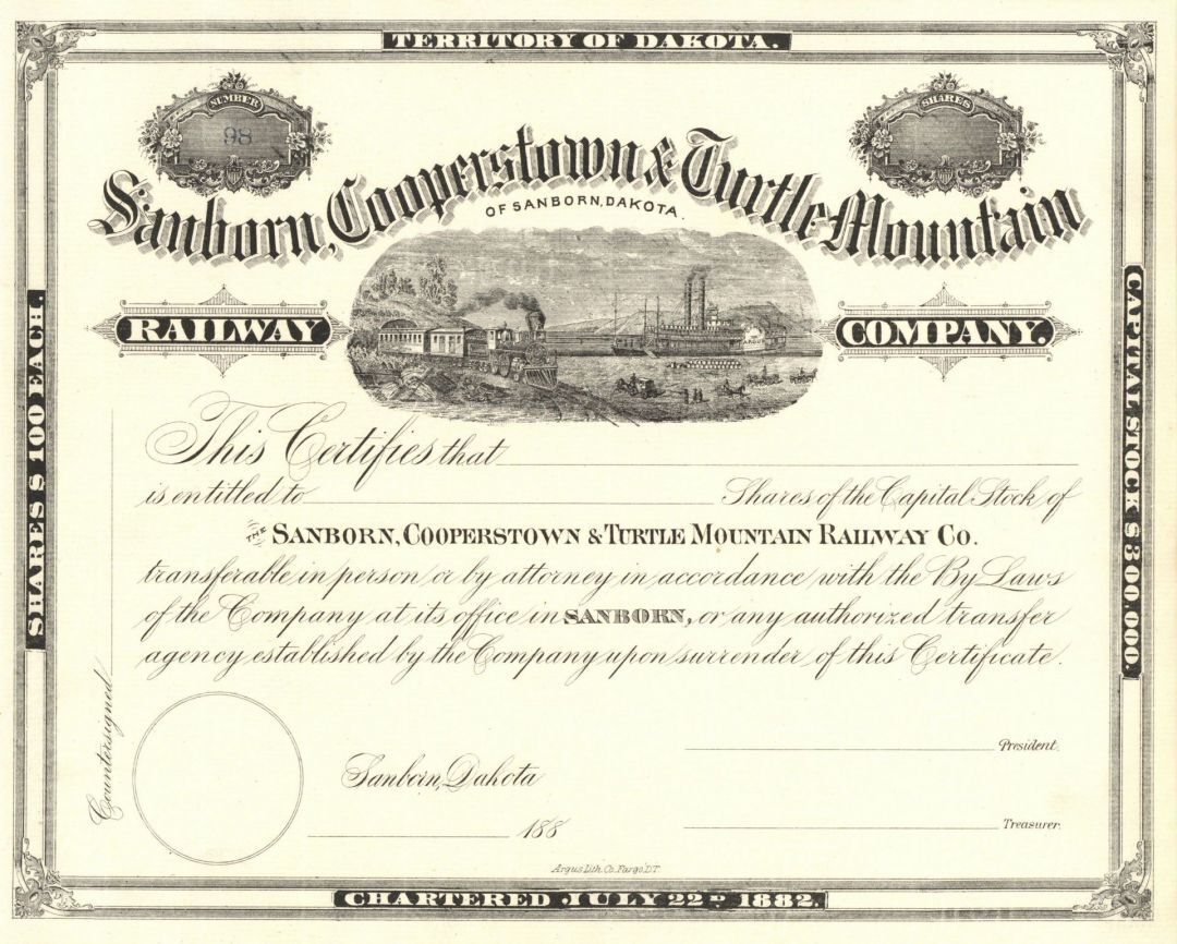 Sanborn, Cooperstown and Turtle Mountain Railway Co. - Unissued Railroad Stock C