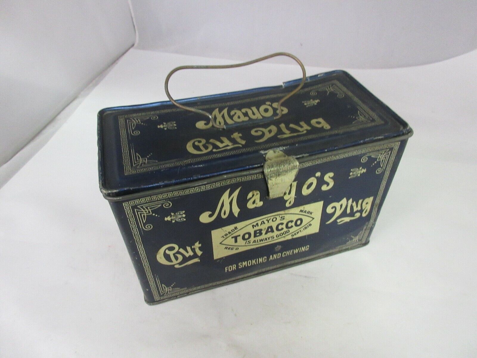 VINTAGE ADVERTISING EMPTY  TIN MAYO\'S LUNCH PAIL STYLE TOBACCO CANISTER  308-G