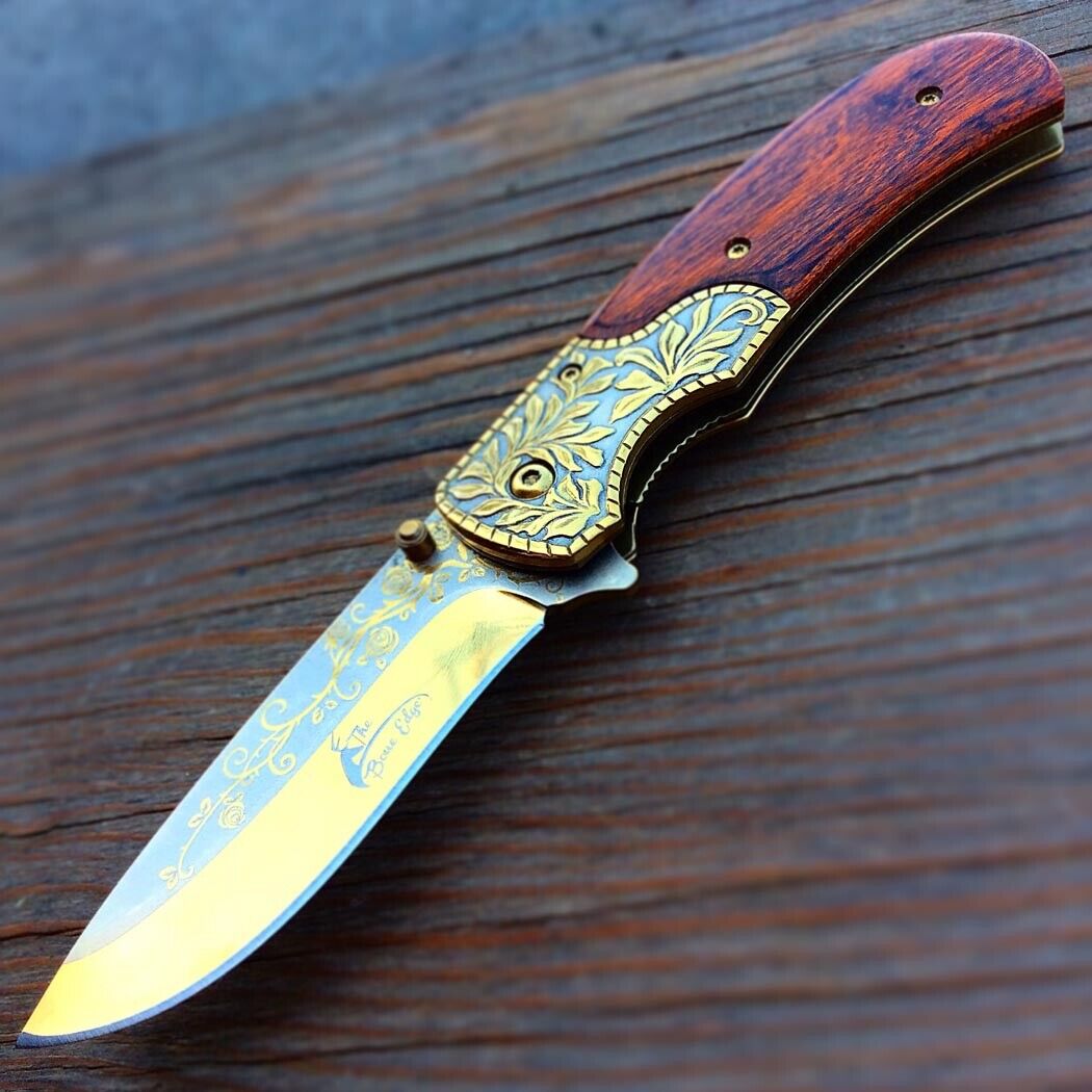 TheBoneEdge 8.5in Gold Coating Packawood HandleFolding Knife