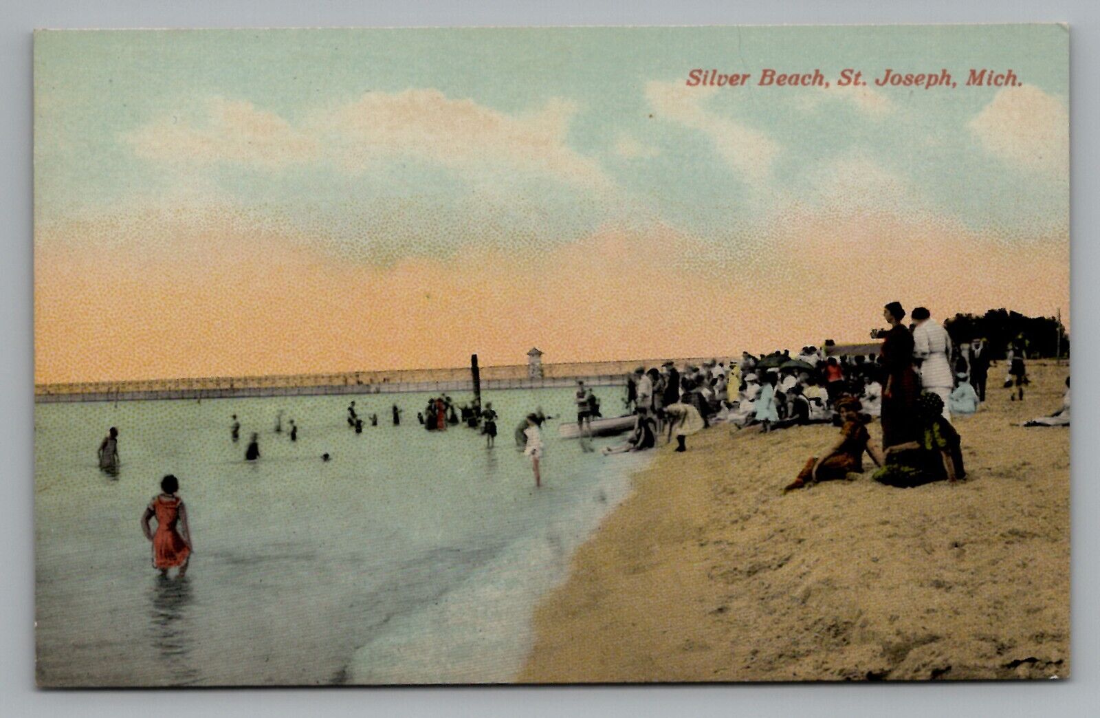 Bathers Silver Beach St. Joseph MI Antique Sexichrome Postcard Divided Back