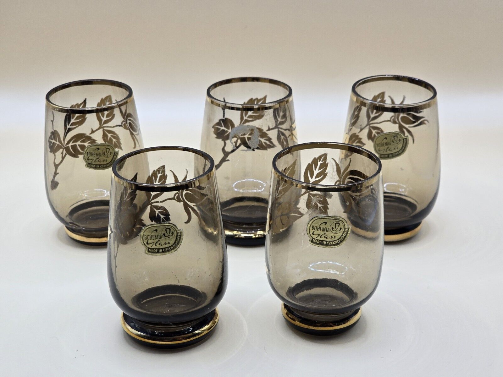 (5)BOHEMIAN SHOT GLASSES-Clear with Gold Accents-Czechoslavakia-NEW