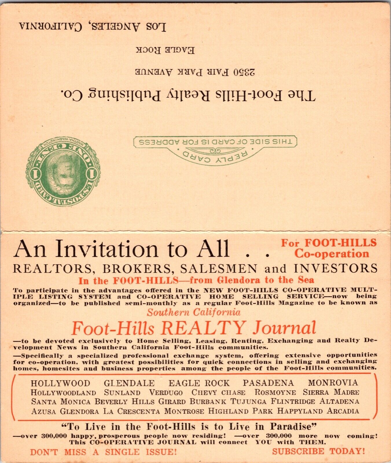 Bi-Fold Advertising Postcard Foot-Hills Realty Publishing Co Los Angeles CA~3191