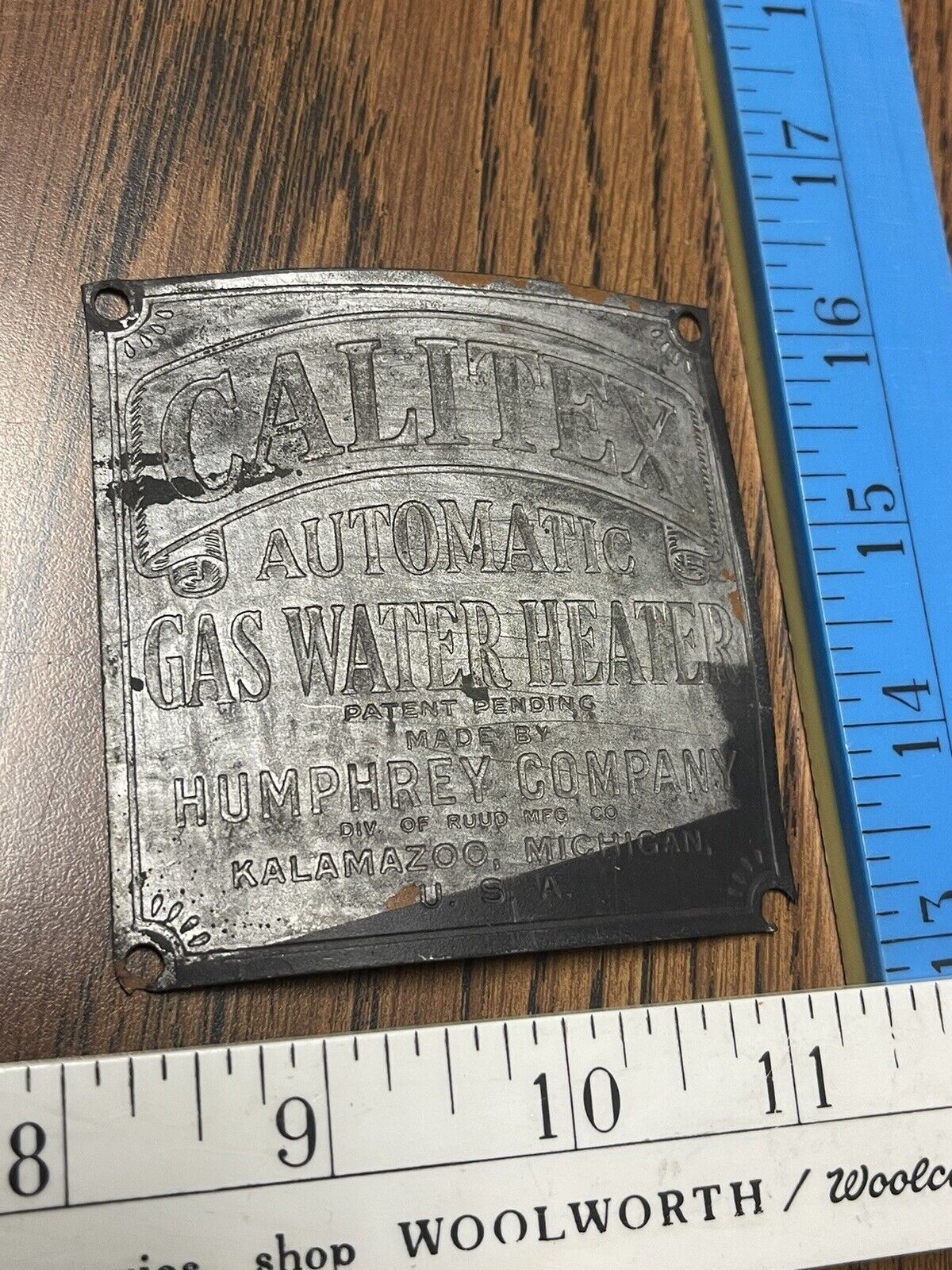 Kalamazoo MI Calitex Ruud Water Heater Old Vintage Antique Tin Plate Tag Label