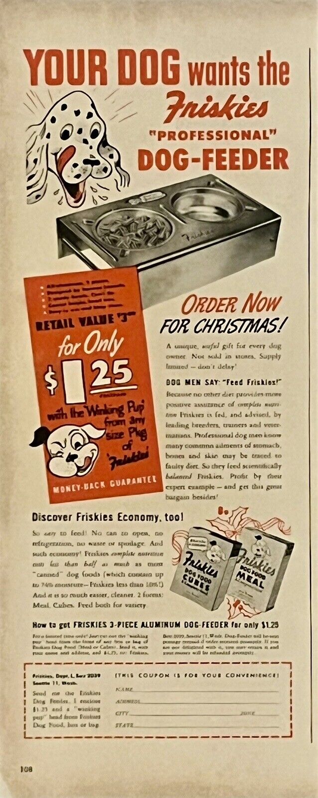 1948 Vtg Print Ad Friskies Dog Feeder Pet Food Retro Home Vet Wall Art Decor