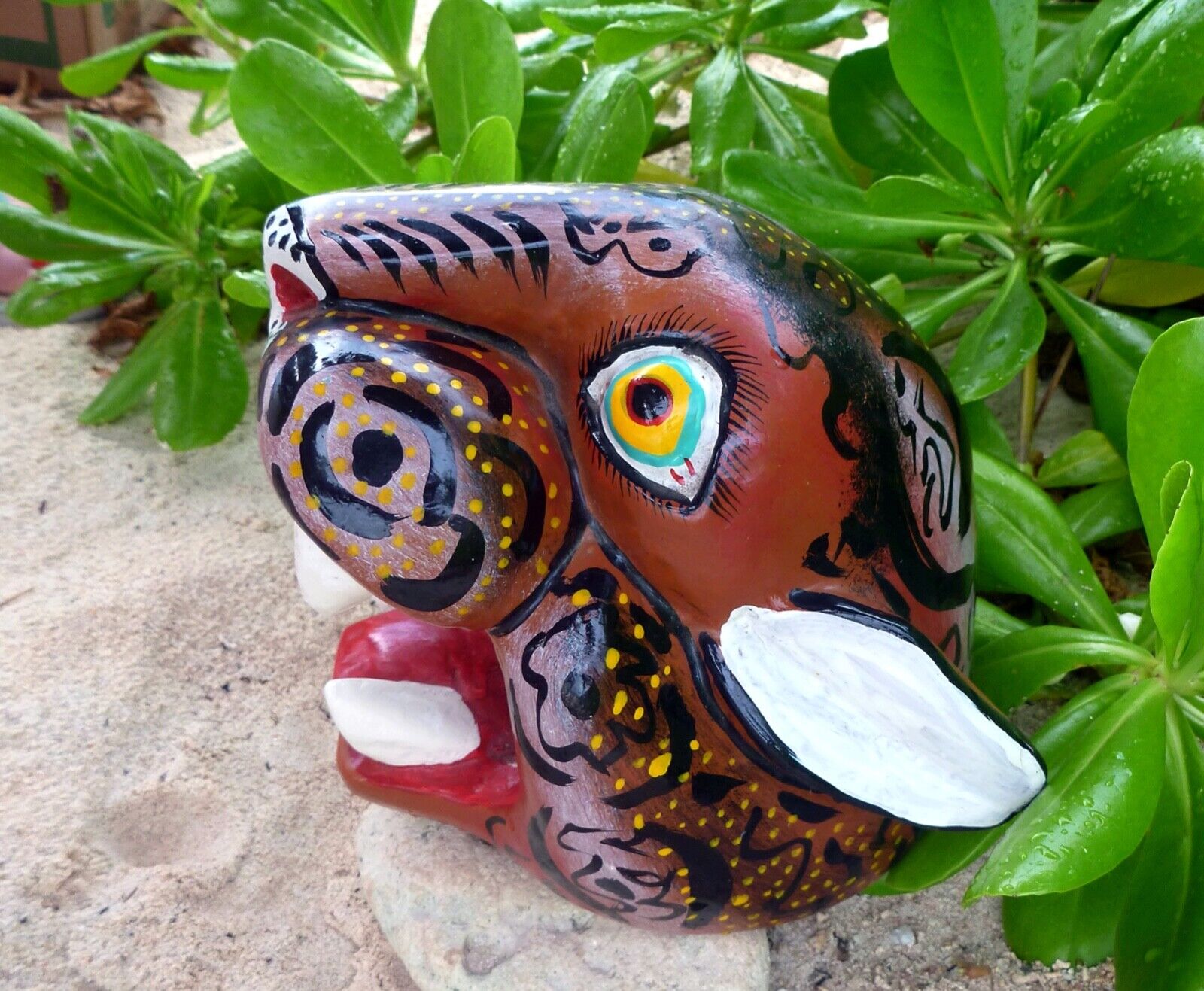 Large Tiger Jaguar Mask Fierce Hand Carved & Painted Guerrero Mexican Folk Art