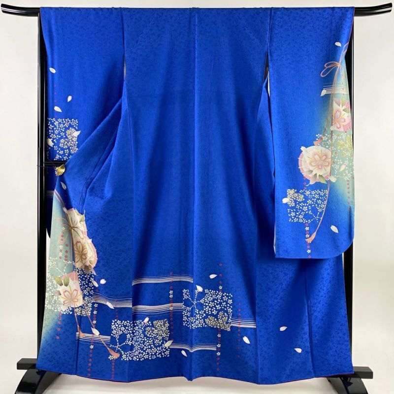 63.4inc Japanese Kimono SILK FURISODE Umbrella Cherry blossoms Blue