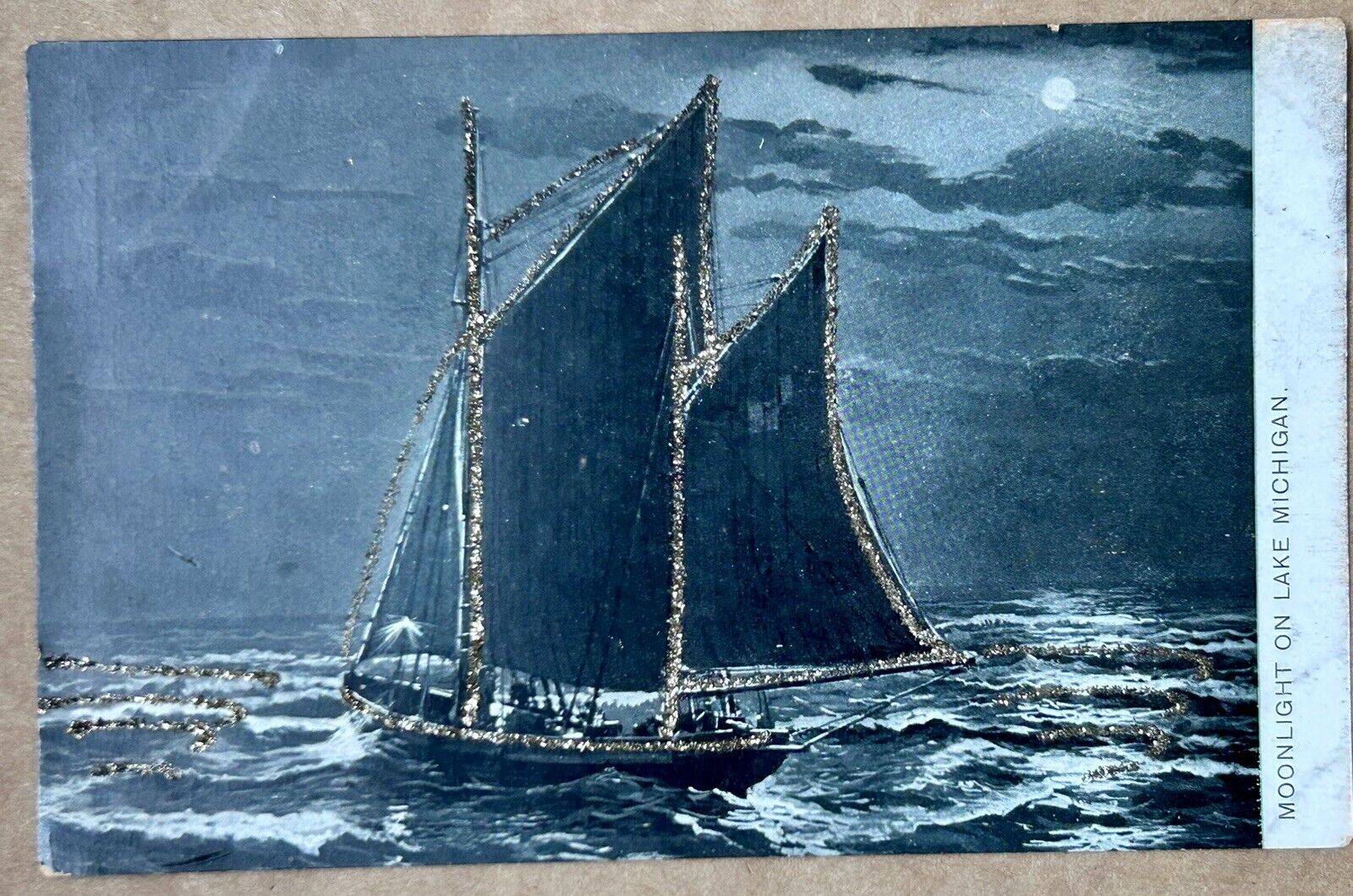 Moonlight On Lake Michigan Vintage Postcard. Sailboats.