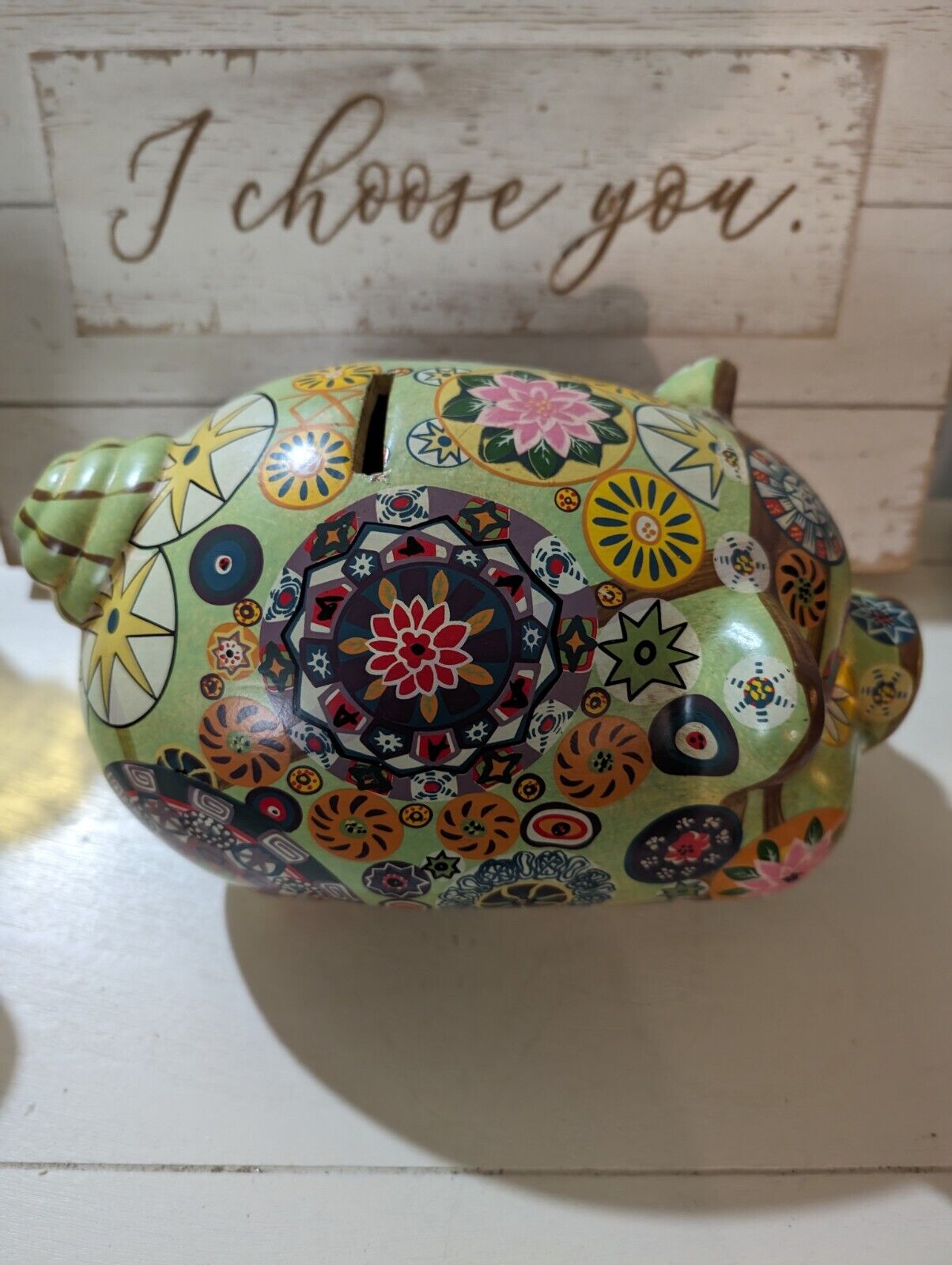 Vintage Mexican Pottery PIGGY BANK Psychedelic Painted Hippie Retro Flower Art