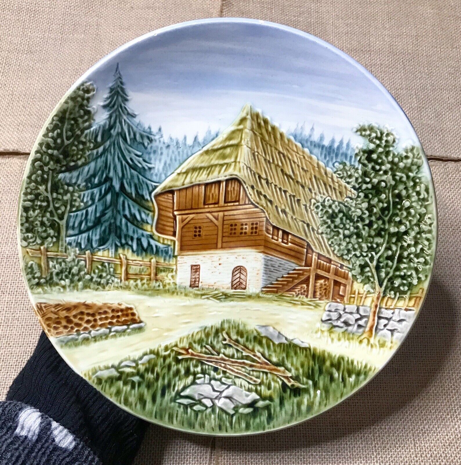 Vintage Germany 3D Thatched Cottage Chalet Round Wall Plate