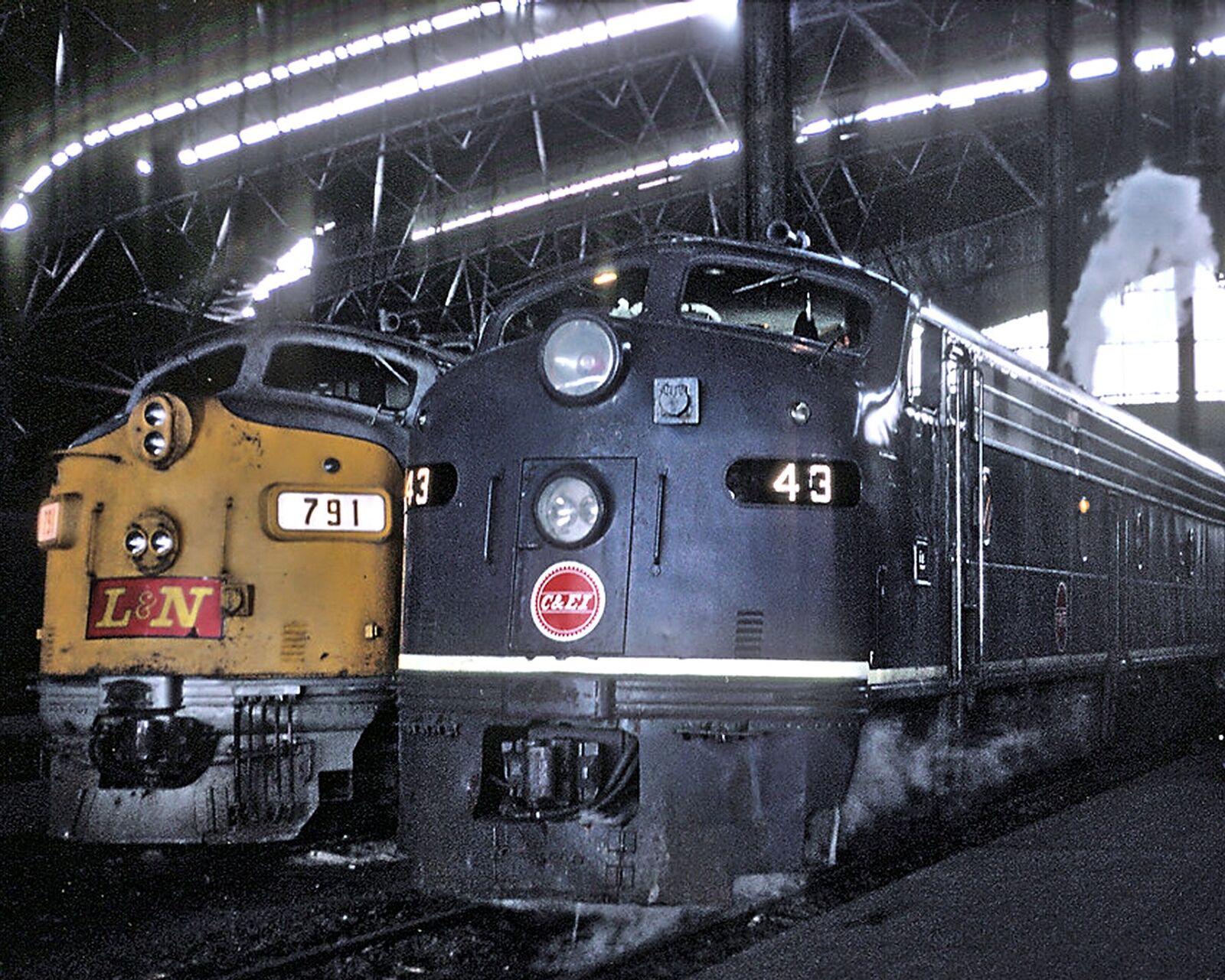 1980s LOCOMOTIVES in St Louis Train Shed 8.5X11 PHOTO