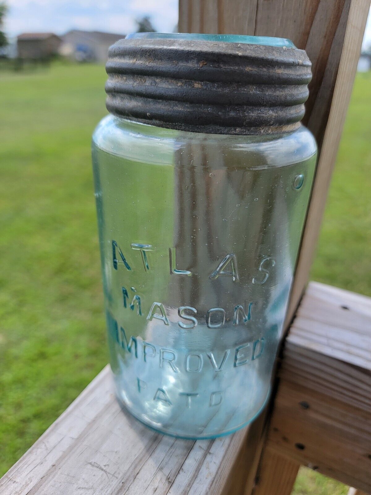 ATLAS  Mason Improved Pat\'D Sky Blue Quart Fruit Canning Jar