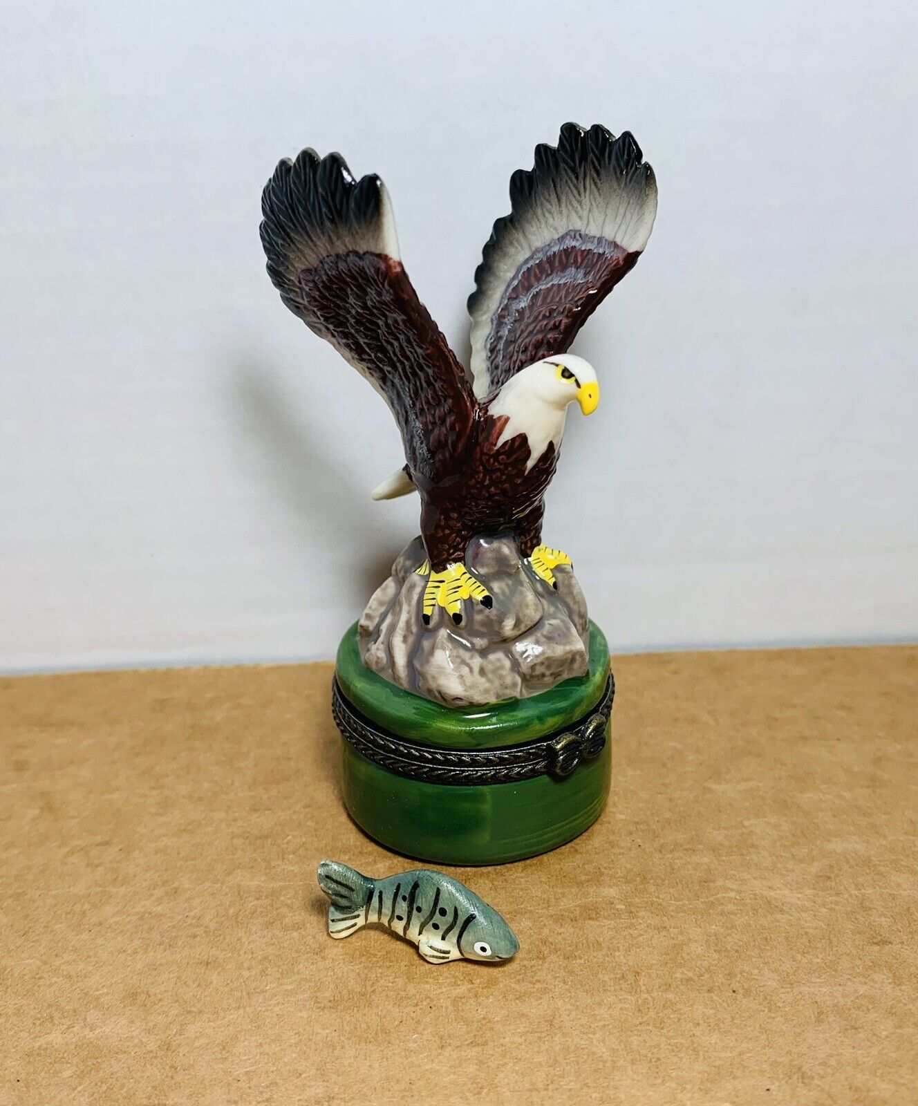 Majestic American Bald Eagle Hinged Trinket Box w/ Trout Fish Charm 3.75”H