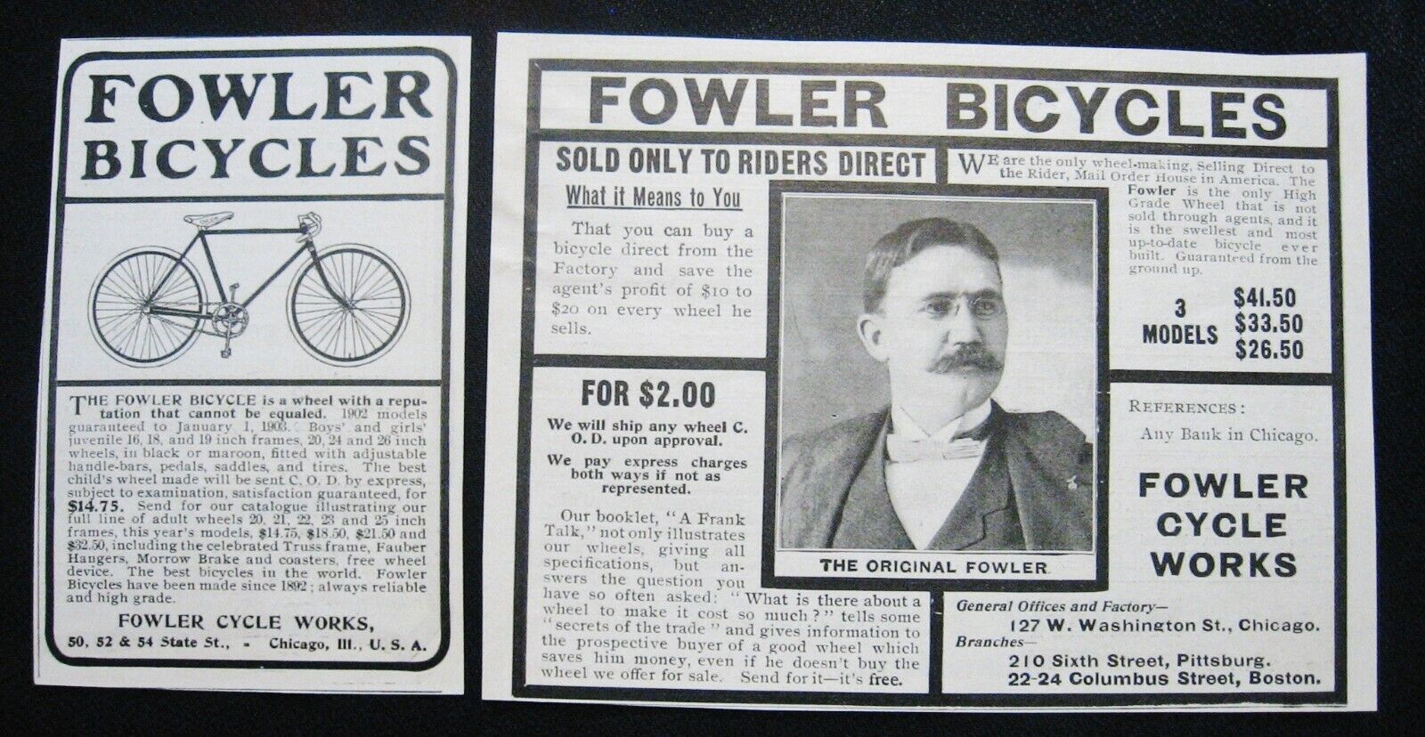 RARE1901&1902 FOWLER CYCLE WORKS Vtg Bicycle Print Ad Lot~Founder Frank T Photo