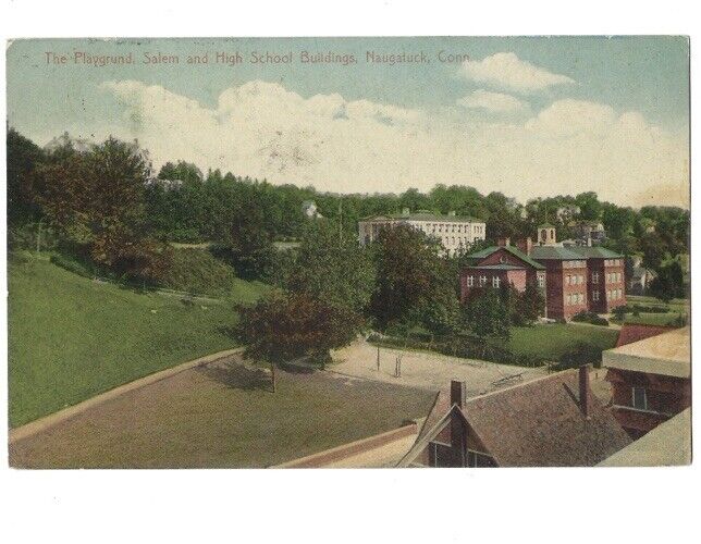 c1910 Playground Salem High School Buildings Naugatuck Connecticut CT Postcard