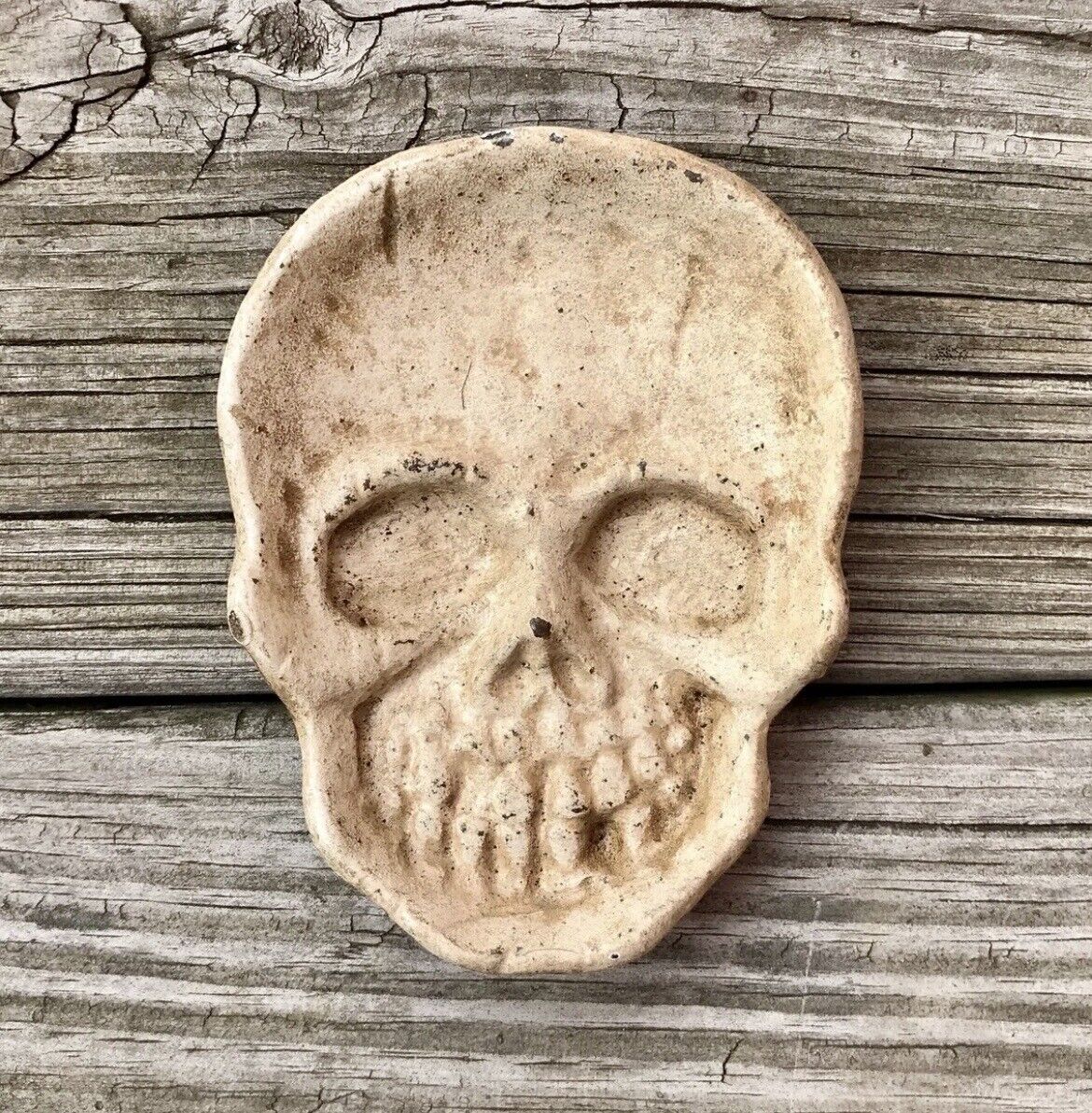 Cast Iron Skeleton Skull Face Vintage Halloween Ashtray ~ Coin Tray