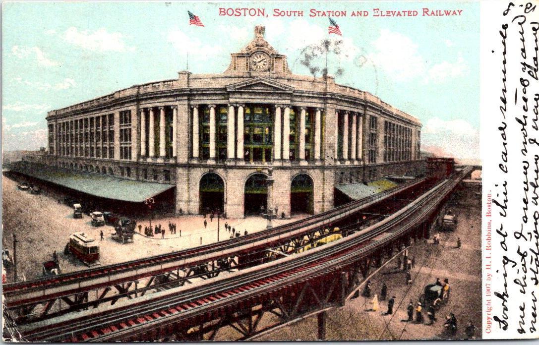 1909, RAILROADS, South Station & Elevated Railway, BOSTON Massachusetts Postcard