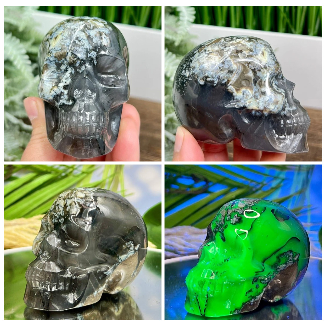 Volcano Agate Quartz Skull UV Reactive Healing Crystal Carving 368g
