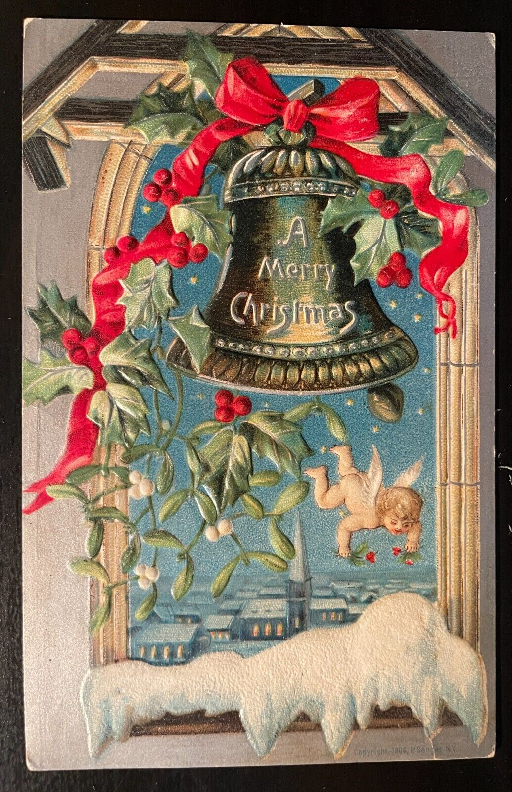Vintage Victorian Postcard 1908 A Merry Christmas - Embossed Angels and Bells