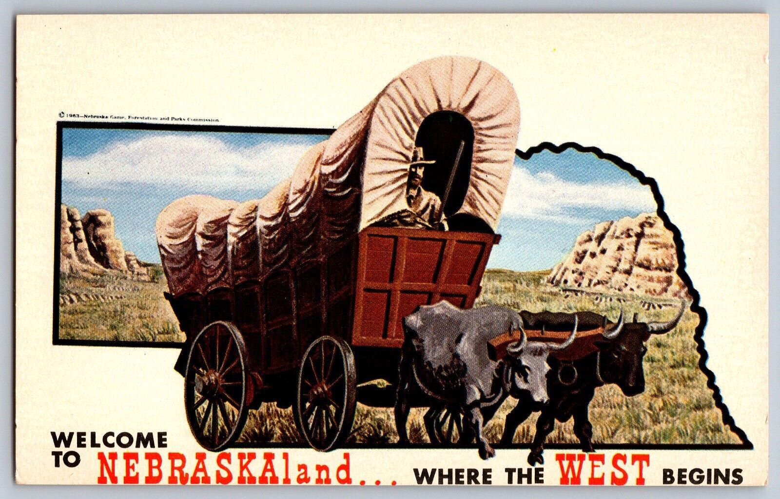Lincoln, Nebraska - Conestoga Wagon & Oxen - Nebraska Land - Vintage Postcard