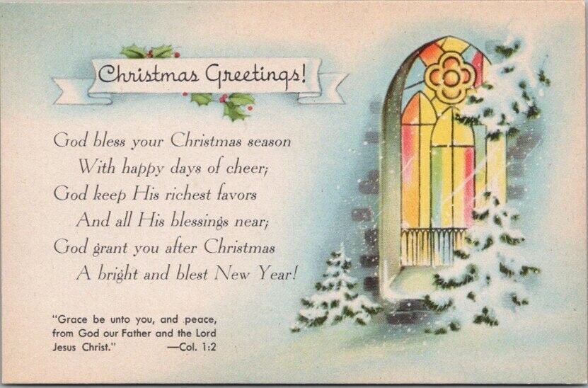 c1950s Religious CHRISTMAS Postcard Church Window Bible Verse -  Col. 1:2 Unused