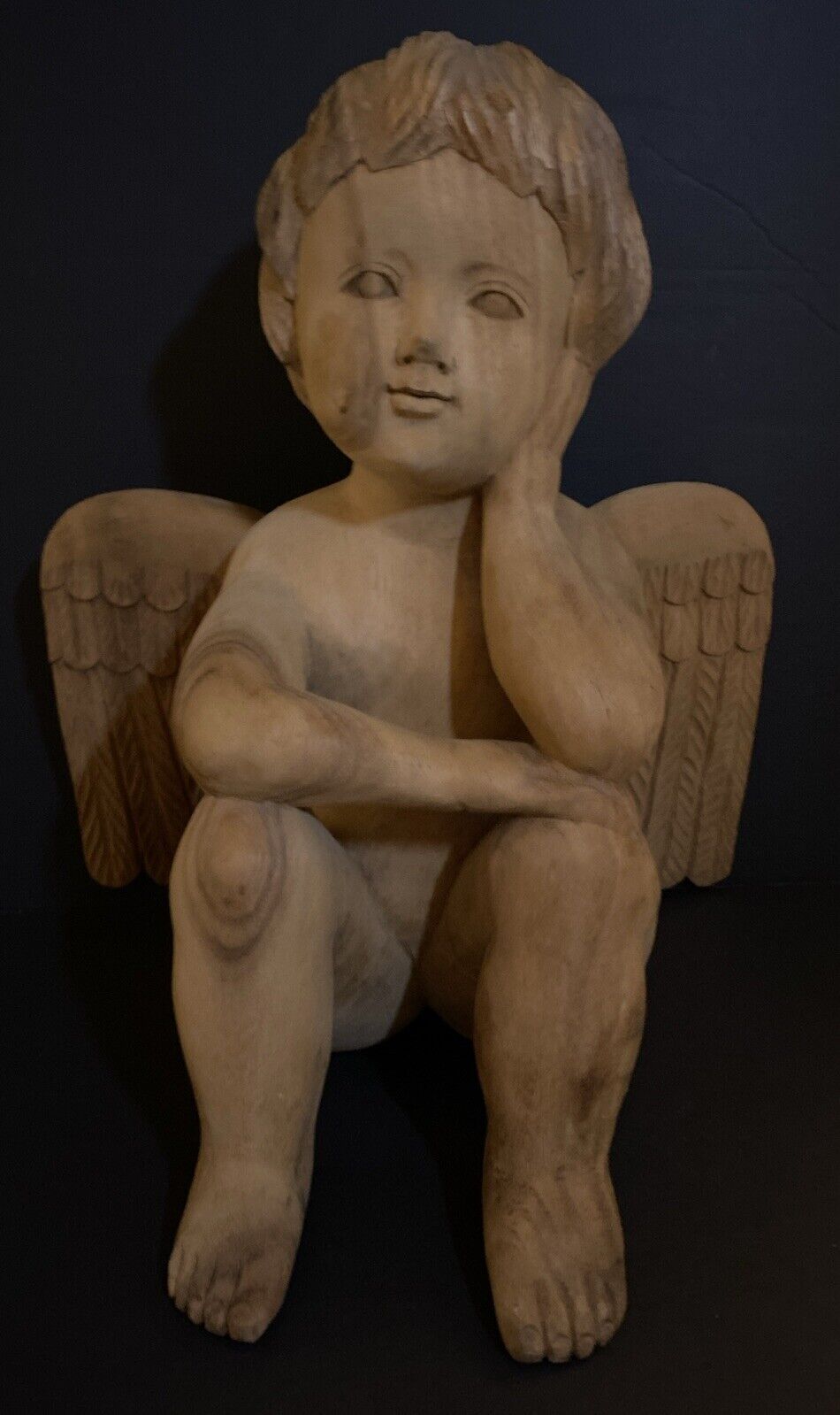 Vintage Carved Wood Cherub Angel - Sitting With Knees Up