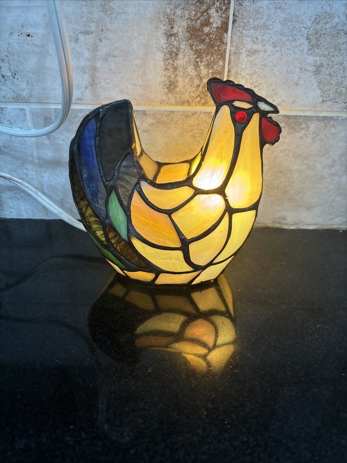 Vintage Stained Glass Rooster Accent Lamp 5”  Works