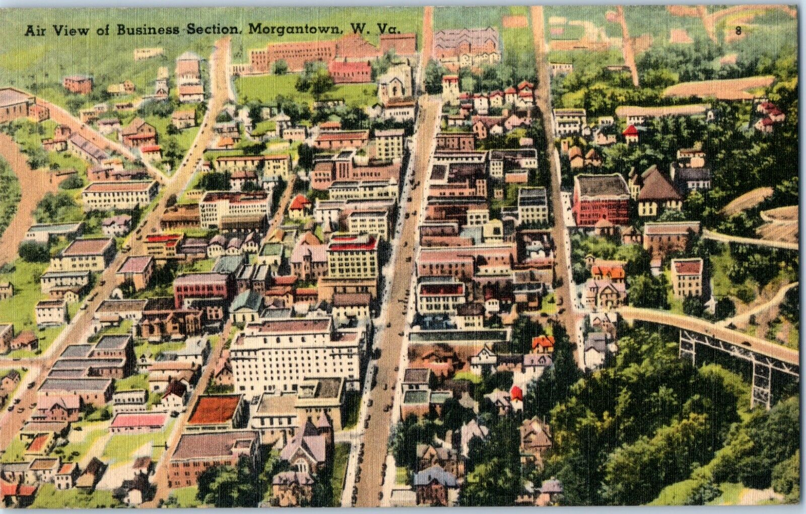 1950 Vintage Postcard Aerial View of Business Section Morgantown West Virginia