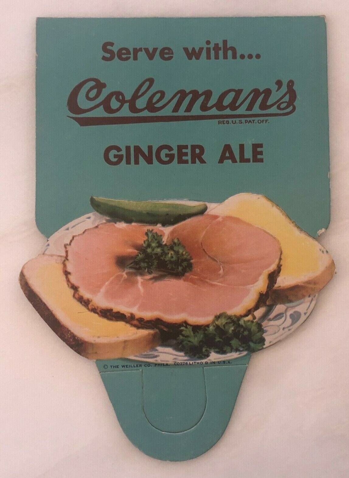 Coleman\'s GINGER ALE SODA Bottle Topper Advertising Sign Ham Pickle Vintage 