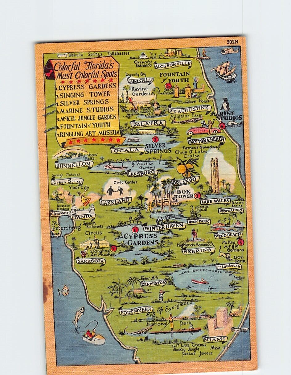Postcard Map of Colorful Attractions of Florida USA