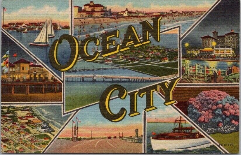 Vintage 1940s OCEAN CITY New Jersey Multi-View Postcard Curteich Linen Unused