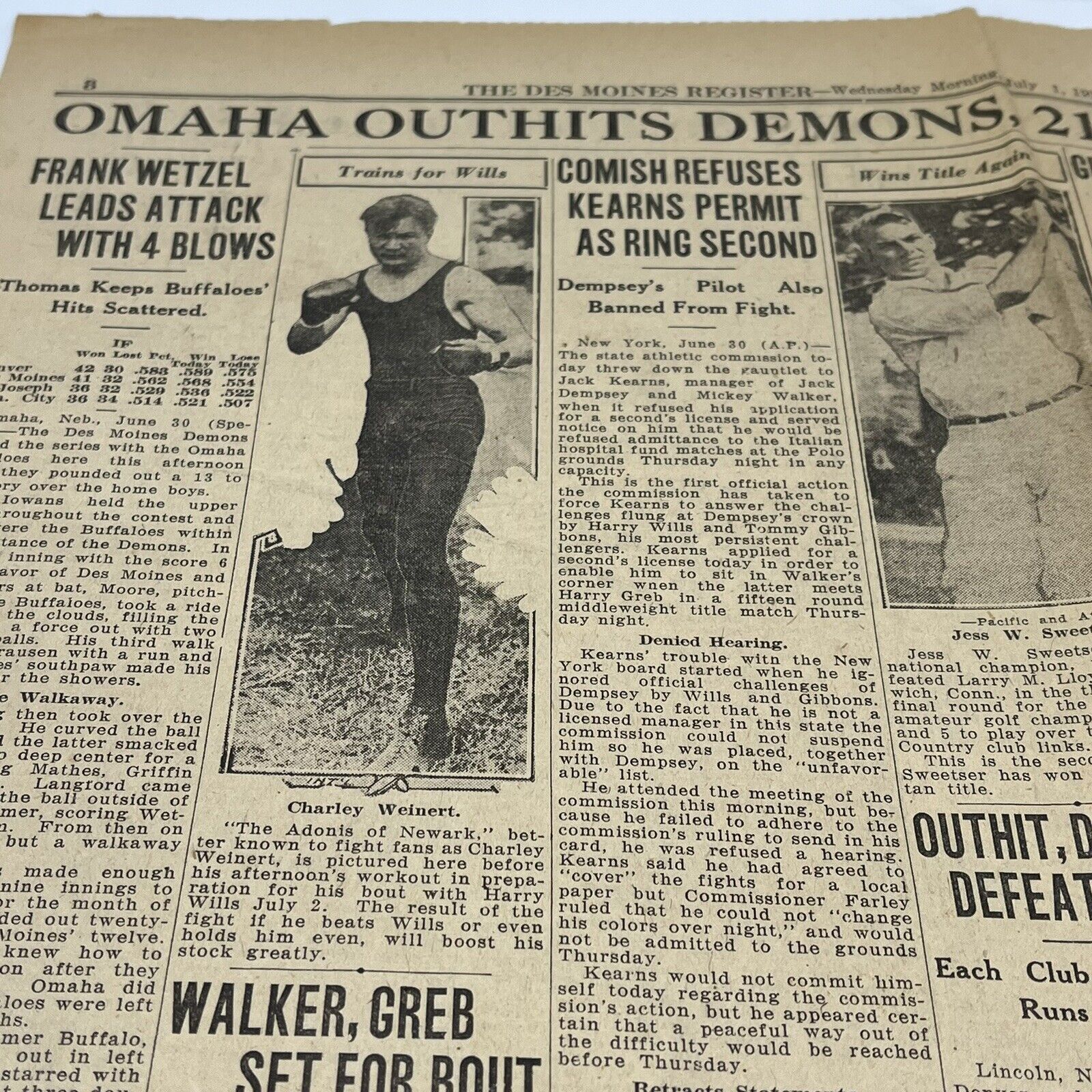1925 Des Moines Register Charley Weinert Jess Sweetser Dempsey Grover Alexander