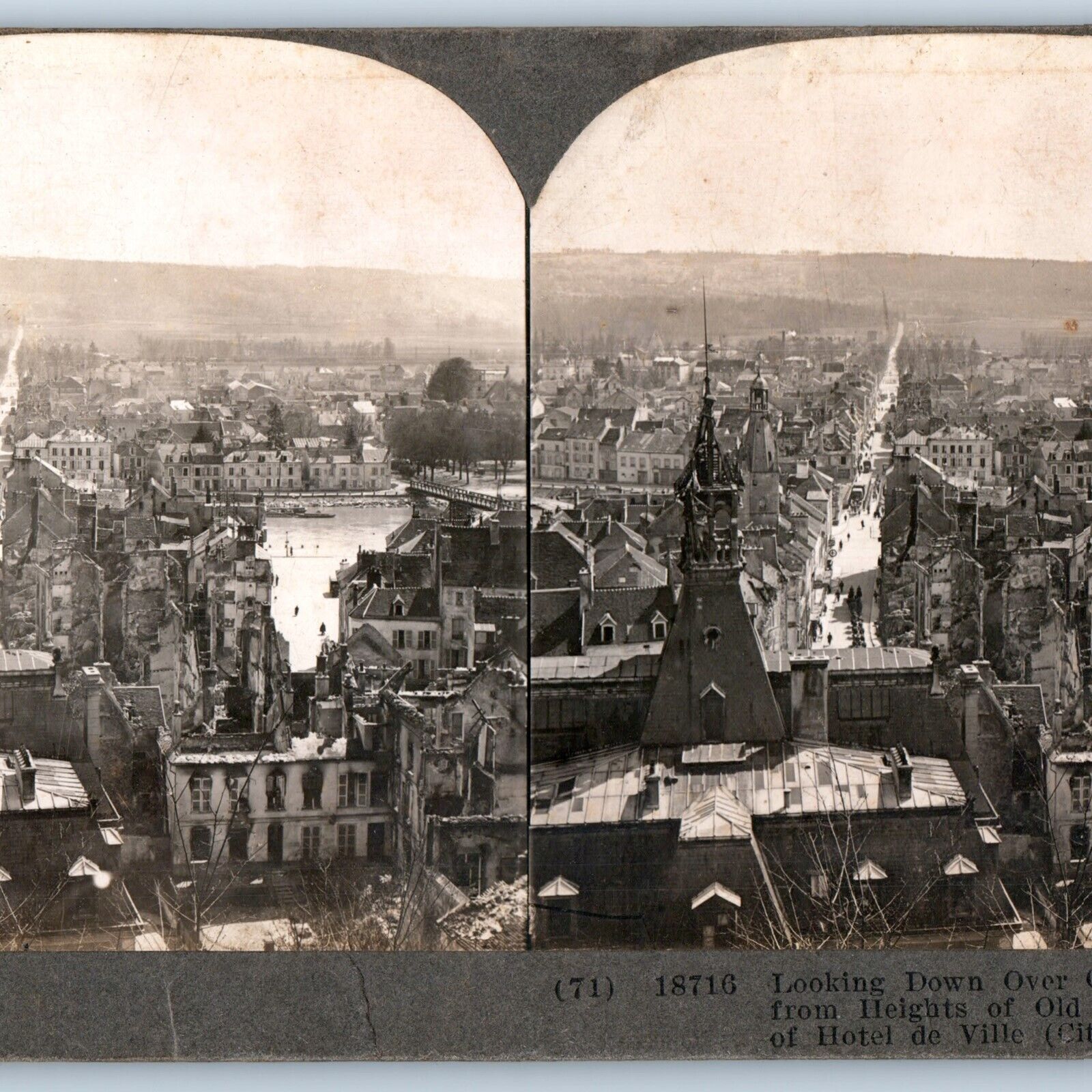 1910s WWI Chateau Thierry France Ruins City Hall Birds Eye Stereo Real Photo V22