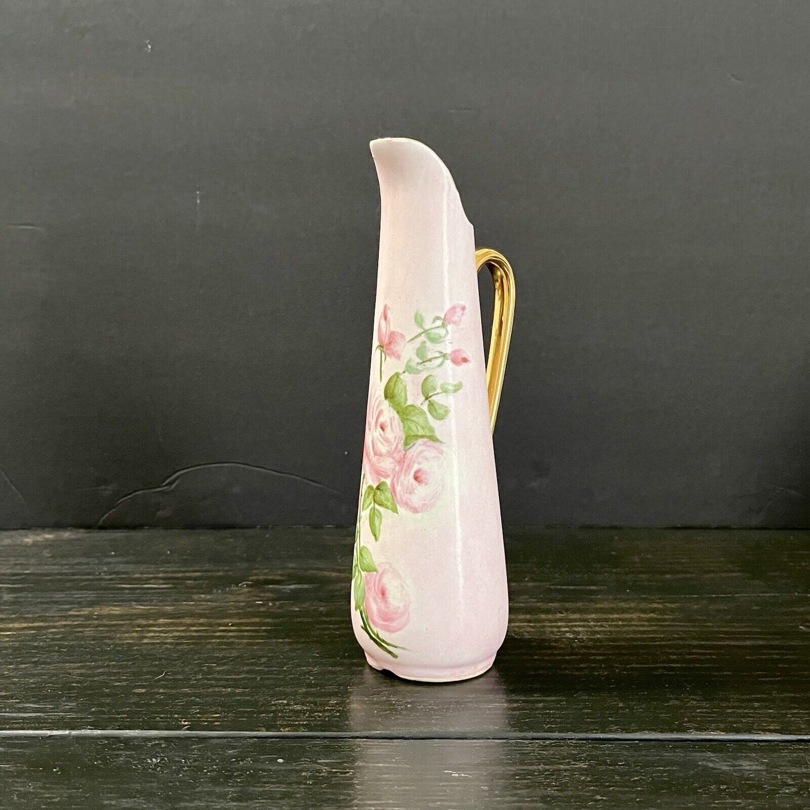 c. 1900s-1930s C. Howard Handpainted Miniature Floral Design Pink Vase Gold Trim