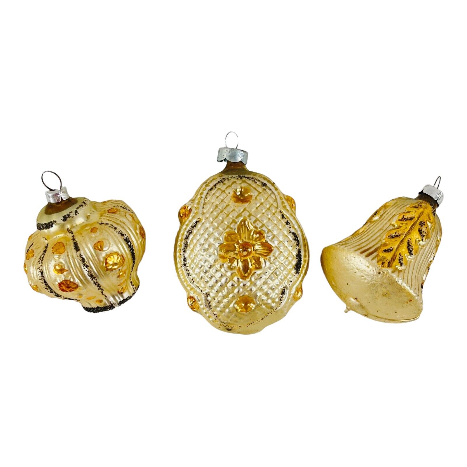 German Blown Glass Christmas Ornaments Figural Bells Crown Gold & Black VTG 3pc