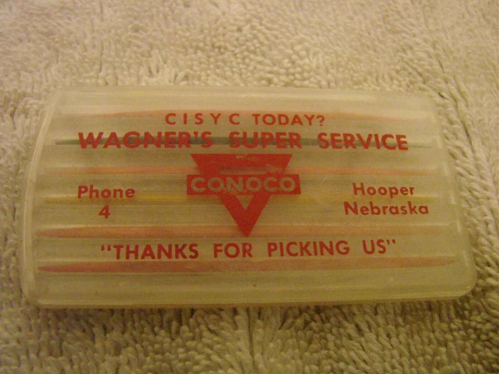 HOOPER NEBRASKA WAGNER\'S CONOCO SUPER SERVICE PH. 4 TOOTH PICK HOLDER ORIG. PICK