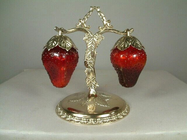 1960s Red Glass Hanging Strawberry Salt&Pepper Shakers RARE Original Label WOW
