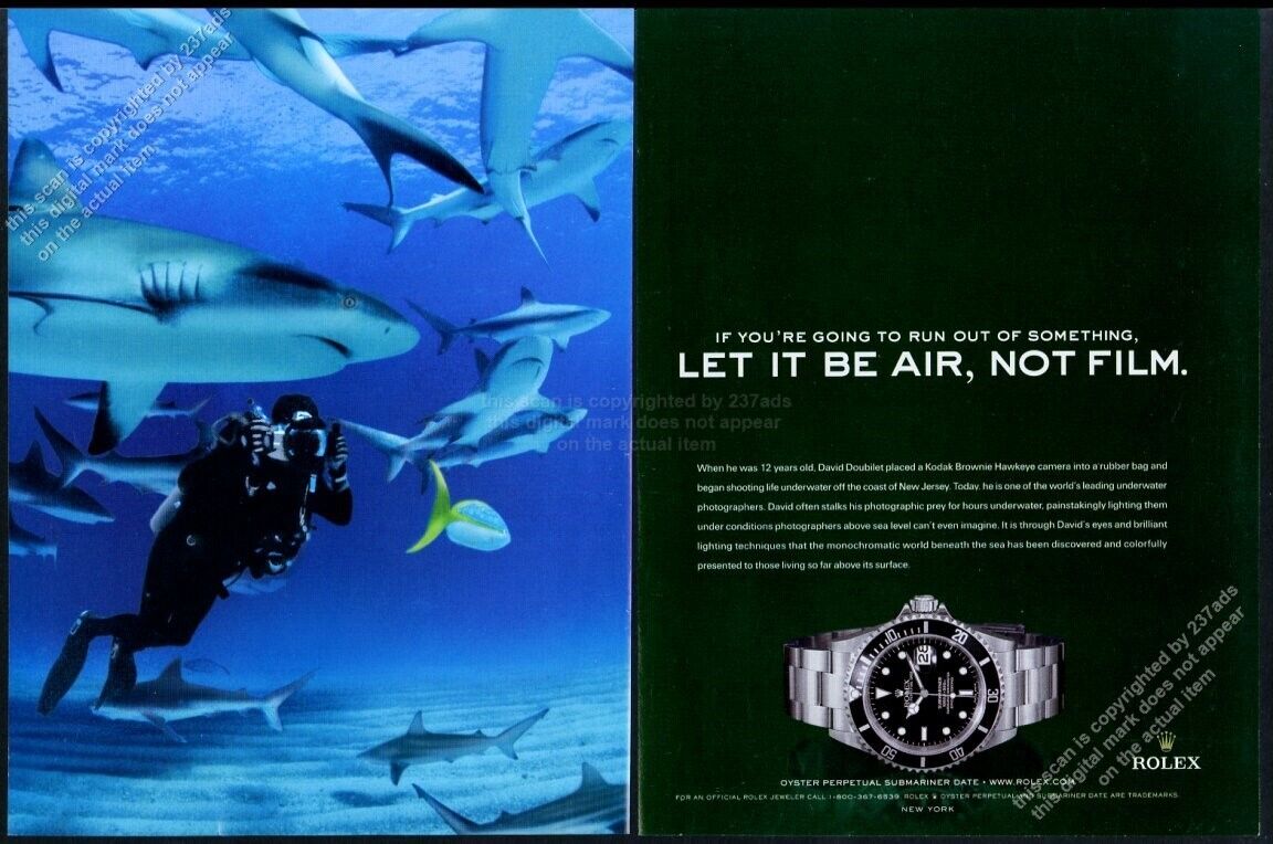 2005 Rolex Submariner Date watch sharks & diver photo vintage print ad
