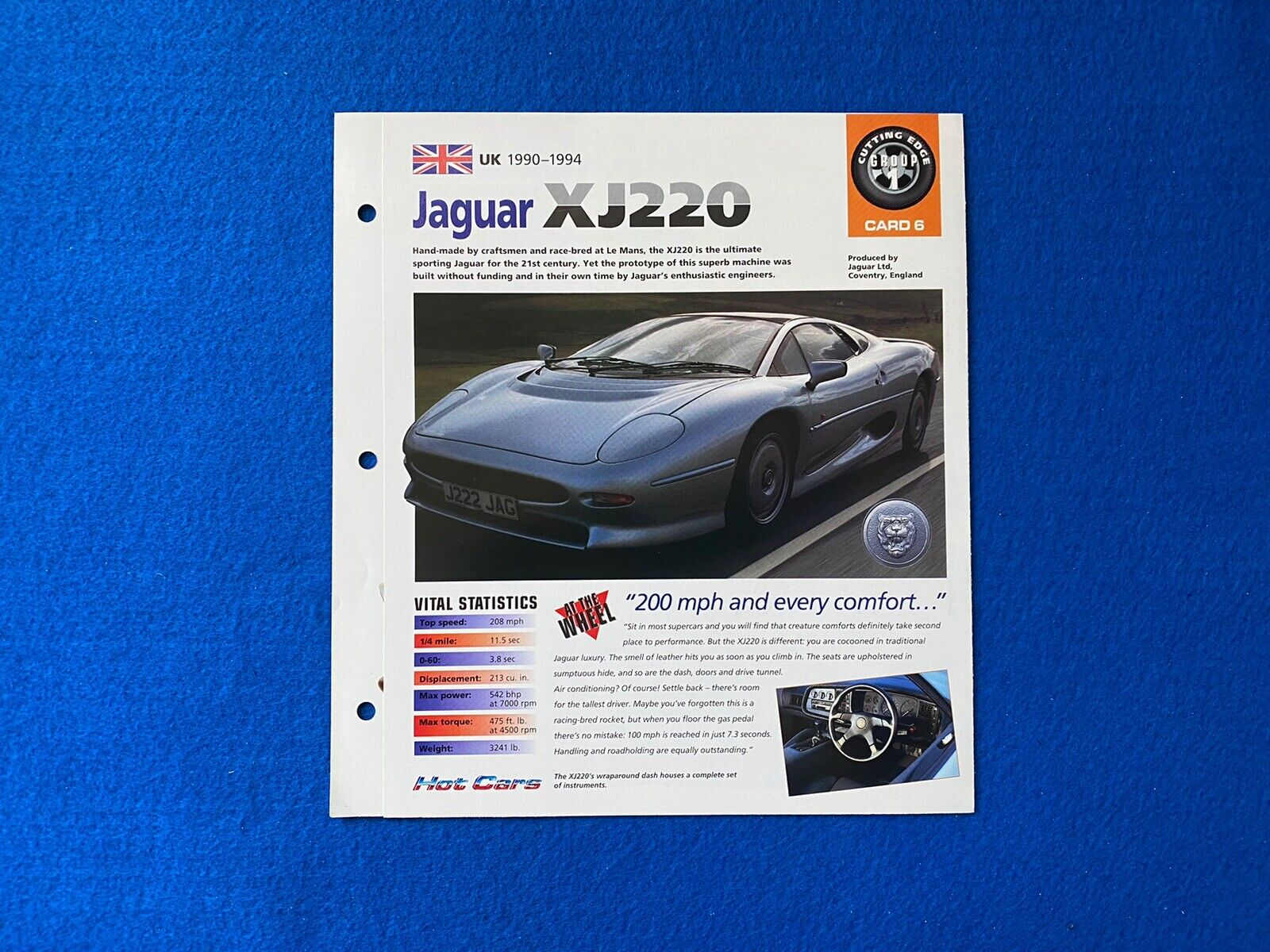 RARE 1990-1994 Jaguar XJ220 Spec Sheet Brochure Photo Poster Card 6 Group #1