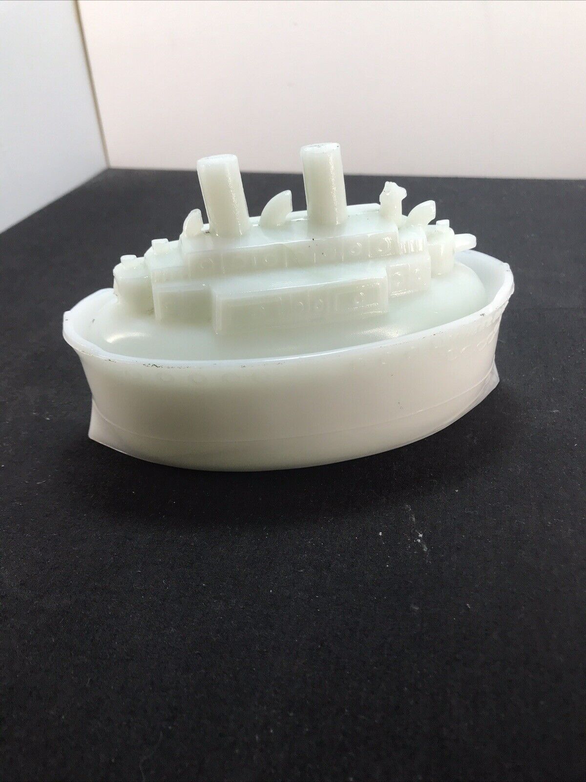 Antique CL Flaccid Wh. Milk Glass Battleship Boat Covered Mustard Dish 1898 6x4