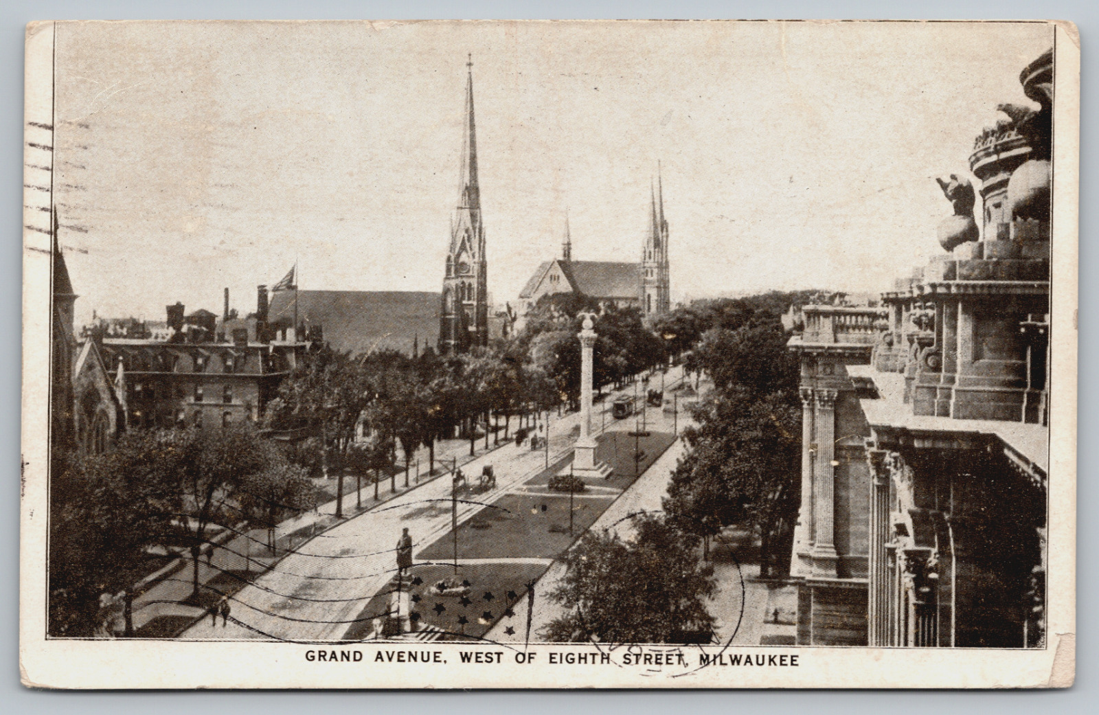 Postcard Grand Ave Milwaukee Wisconsin WI Street View Postmarked 1908