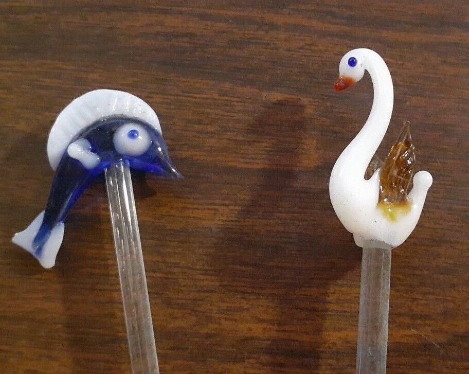 Vintage Hand Blown Glass Swizzle Stir Sticks Fish and Swan Bird