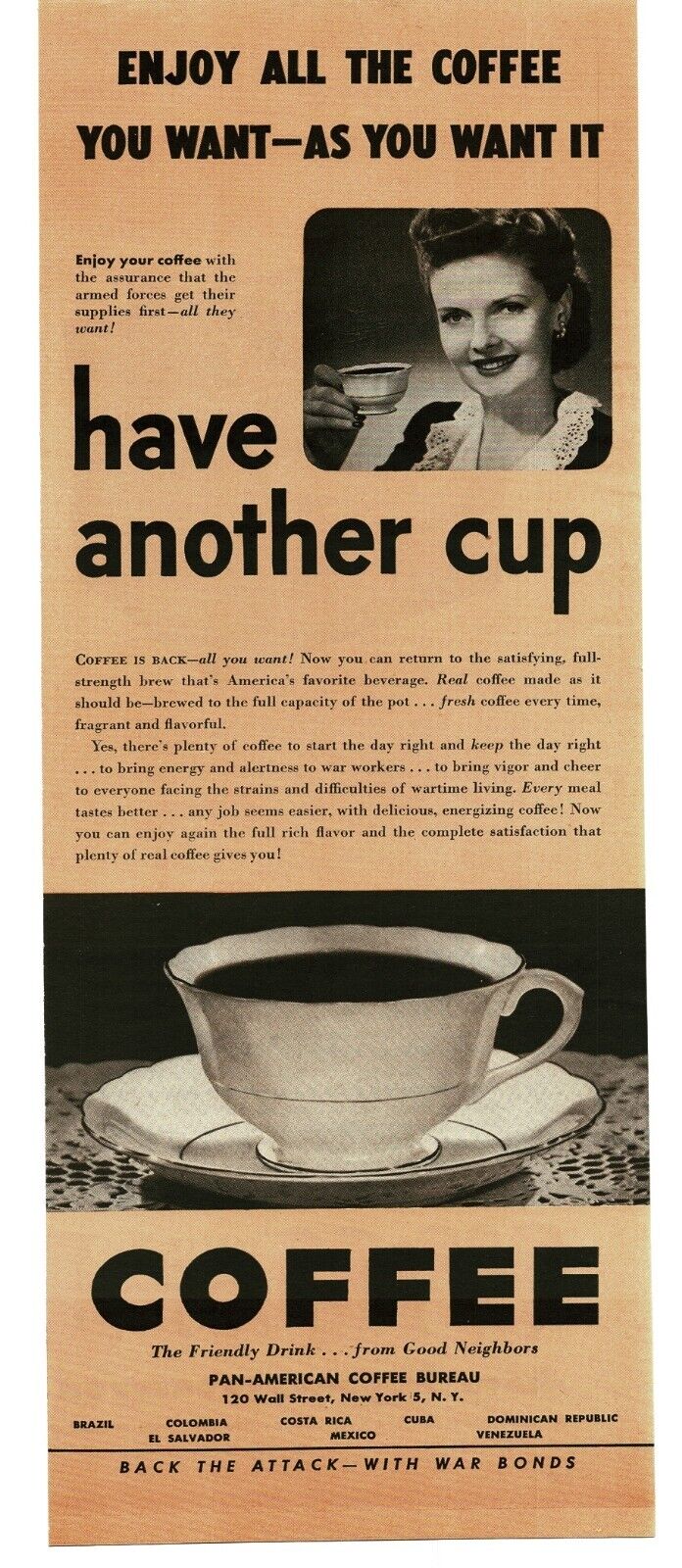 1943 Pan-American Coffee Bureau WWII Buy War Bonds Vintage Print Ad 3