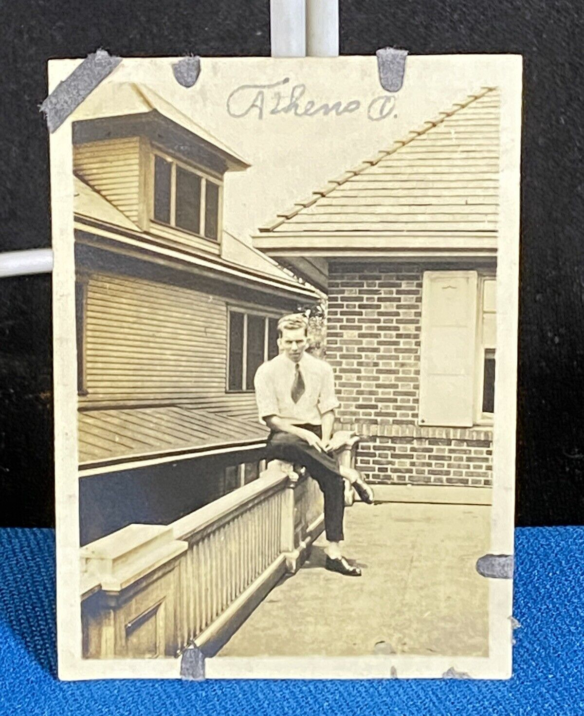 Man on Top of Phi Delta Fraternity House Athens Ohio Antique 1919 Snapshot Photo