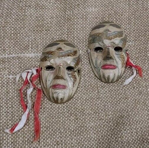 2 Vintage Solid Brass Mardi Gras Face Masks