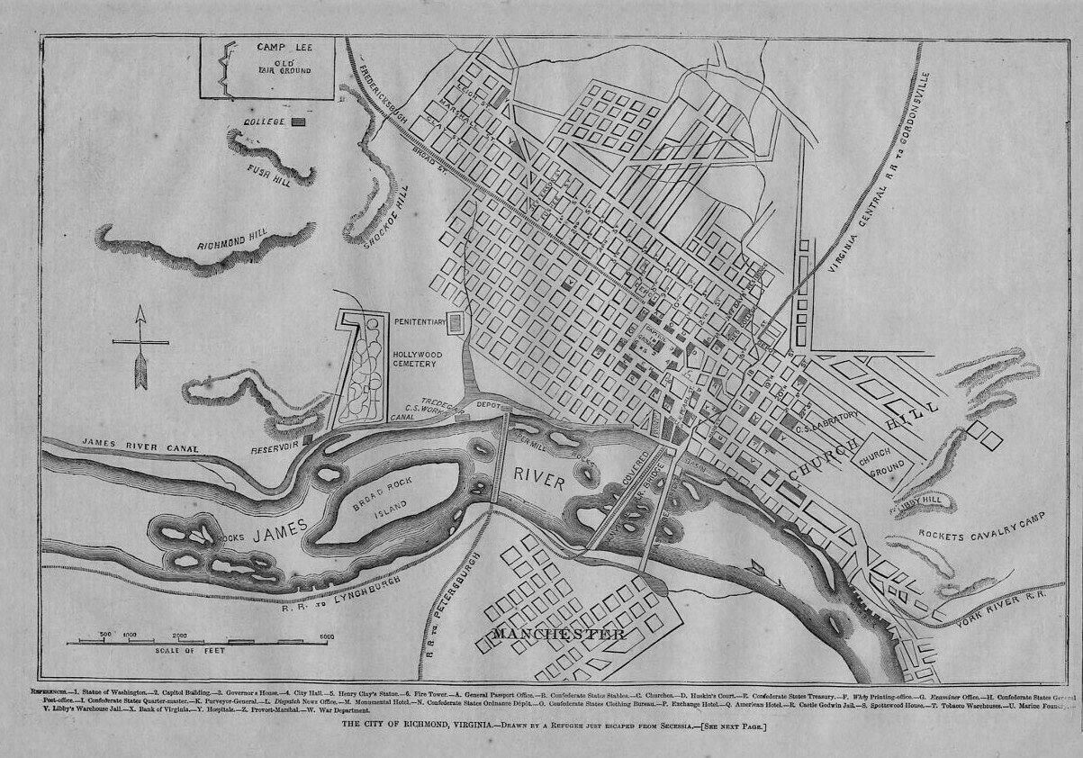 CITY OF RICHMOND VIRGINIA 1862 CIVIL WAR MAP HOLLYWOOD CEMETERY CAMP LEE COLLEGE