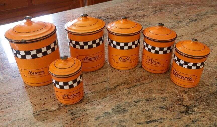 6 French Enamelware Spice Canisters Lustucru Pattern