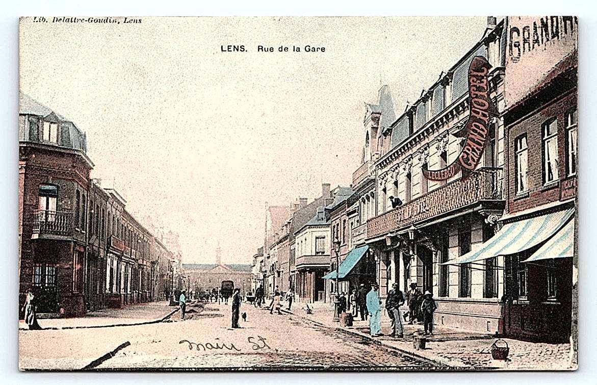 LENS, France ~RAILROAD STREET SCENE Rue de la GARE  c1910s Hand Colored Postcard