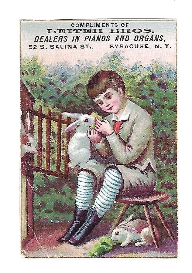 c1890\'s Victorian Trade Card Leiter Bros. Pianos & Organs, Red Eyed Bunny, Boy