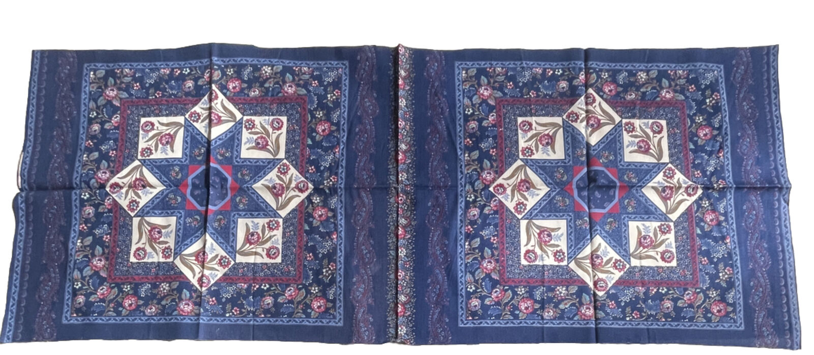 Two Vtg Cotton Fabric Indigo Blue Pink Floral 17x22” Pillow Panels Cottagecore